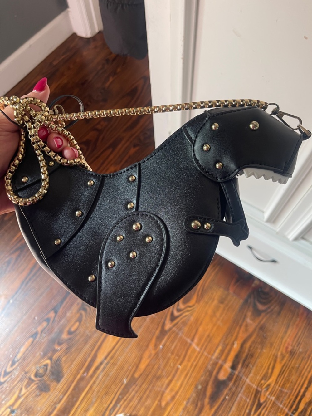 Black Novelty Dinosaur Crossbody Bag with Gold Chain - Picture 3 of 3
